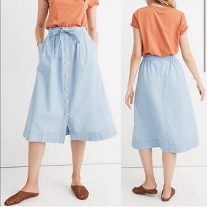 Madewell Tie Palisade Button-Front Midi Skirt in Chambray Sz 8